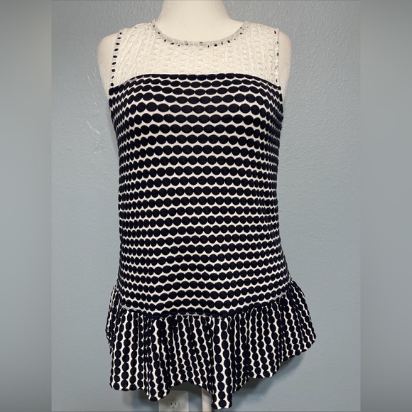 Skye's the Limit Tops - Black White Polka Dot Eyelet Lace Sleeveless Blouse Ruffle Hem Flowy Top Medium